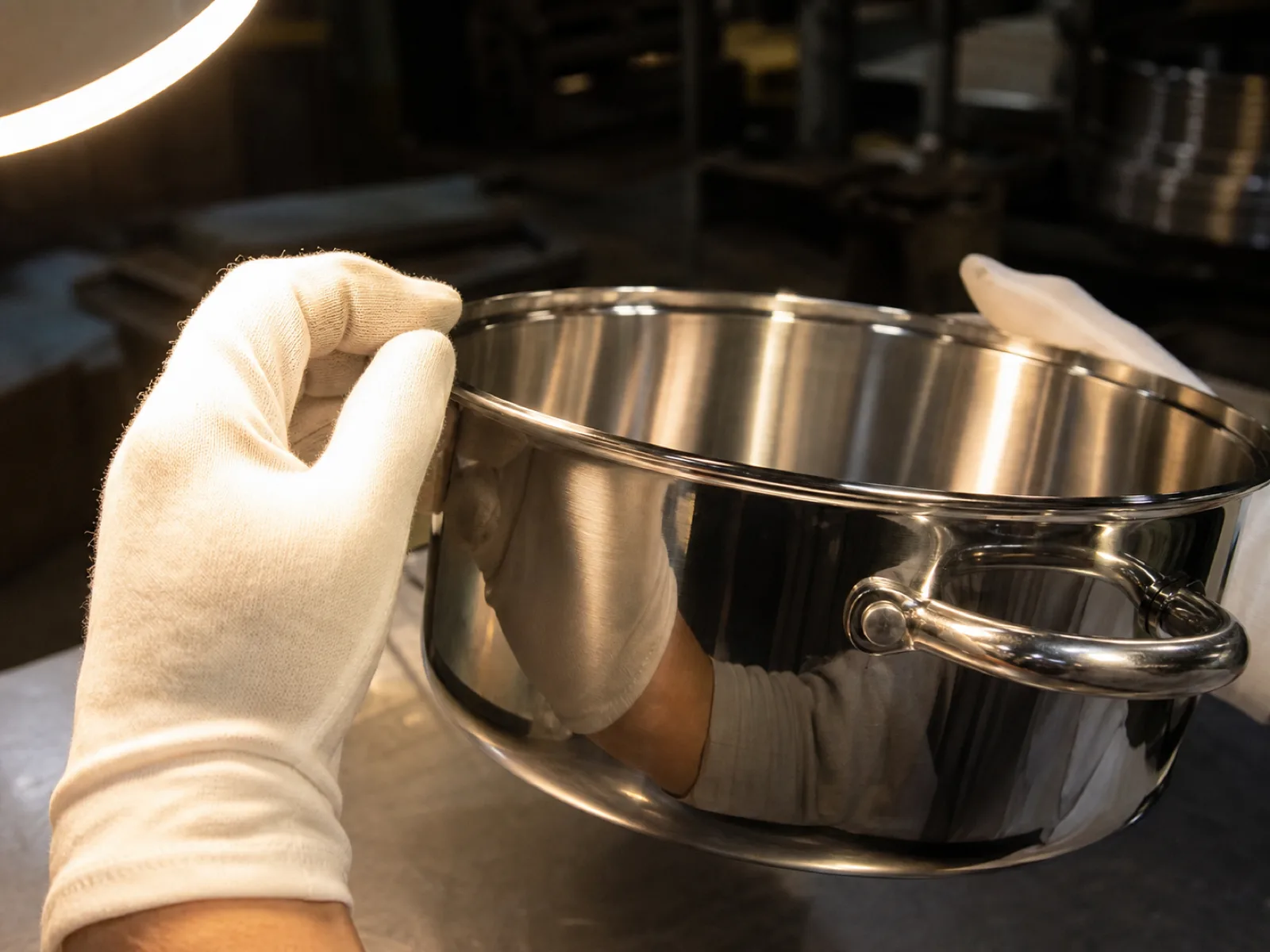 A factory inspector’s gloved hands checking the finish of a polished stainless steel pot