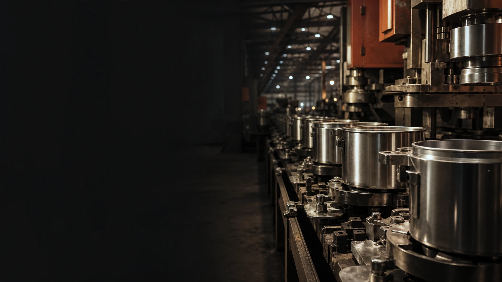 Stainless steel pot bodies on the production line at the Potobelo / Zoombo factory