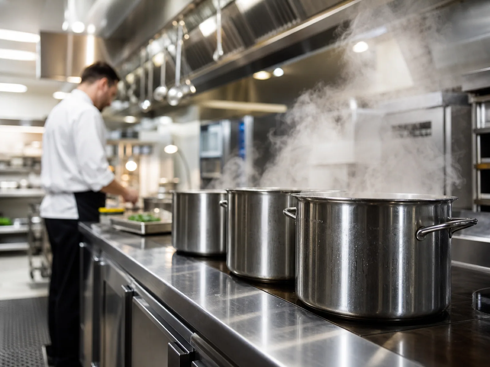 Large-capacity stainless steel pots in a commercial kitchen