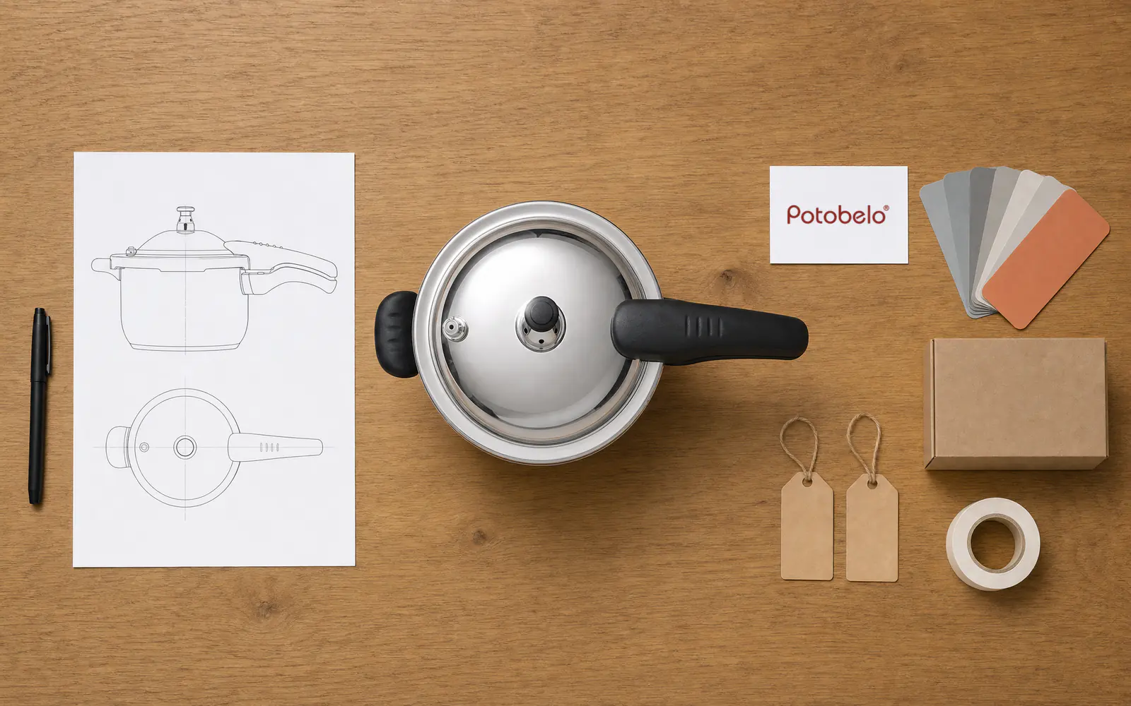 A private-label kit laid out flat: a technical line drawing of the Potobelo pressure cooker, the finished polished cooker beside it, a branded identity card, colour chips, blank hang tags and a kraft carton