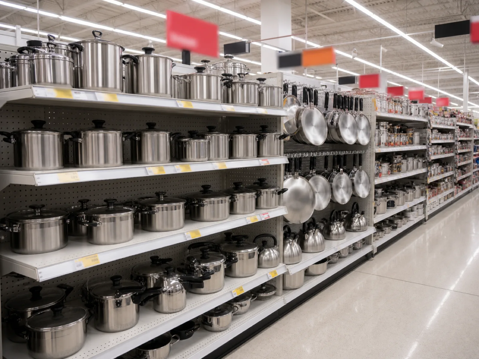 Stainless steel cookware on retail-chain shelving