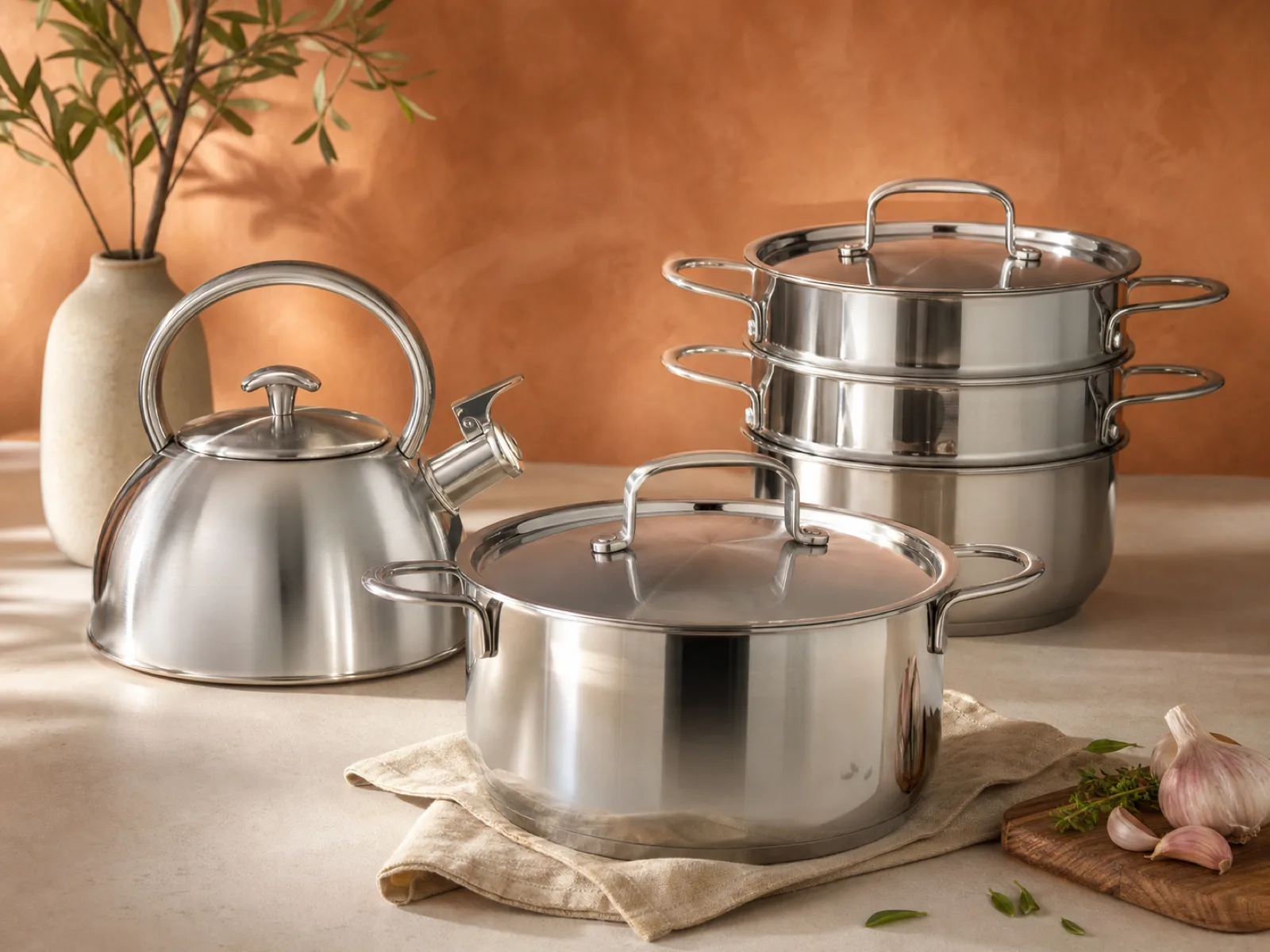 Stainless steel kettle, lidded saucepan and stacked steamer from Potobelo’s cookware range